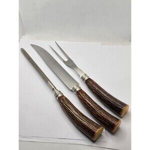 EnglishTown 3 Pc Staghorn Handled Carving Knife Set Sheffield England Vintage